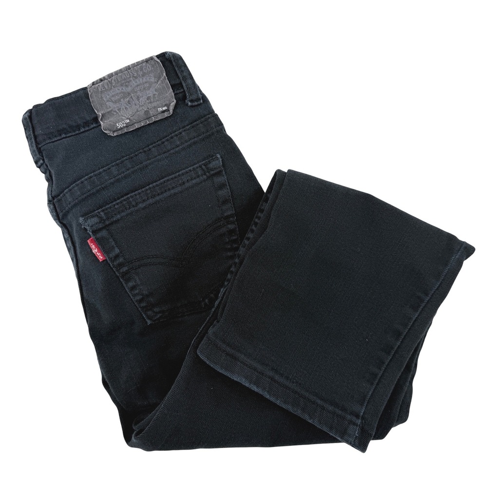 Levis 502 Regular Taper Jeans Kids Size 7X Black Good Distressed Knee Denim